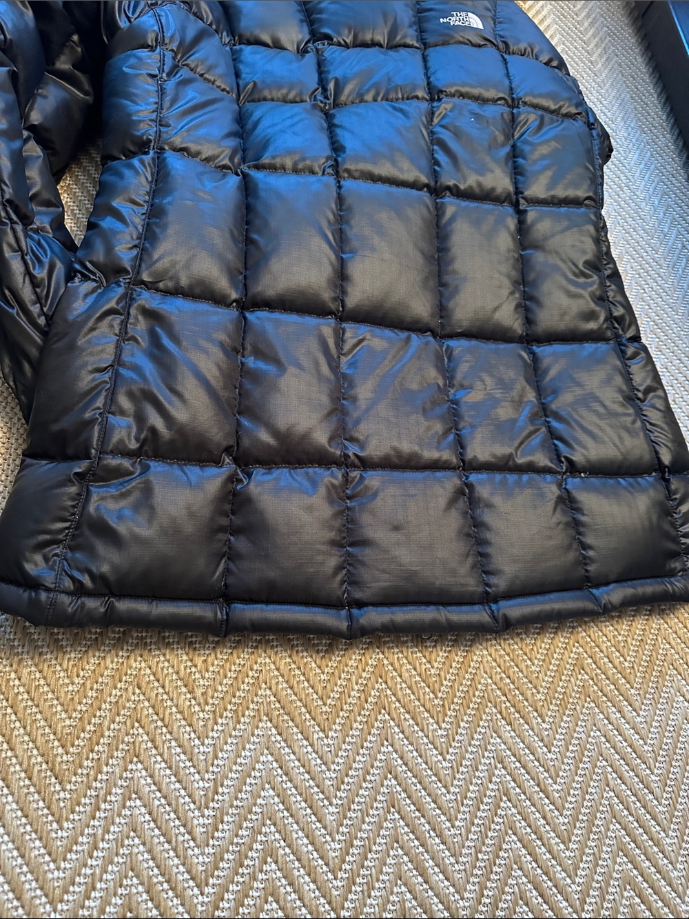 North Face women’s down coat jacket long 600 large black hooded parka - Picture 6 of 7